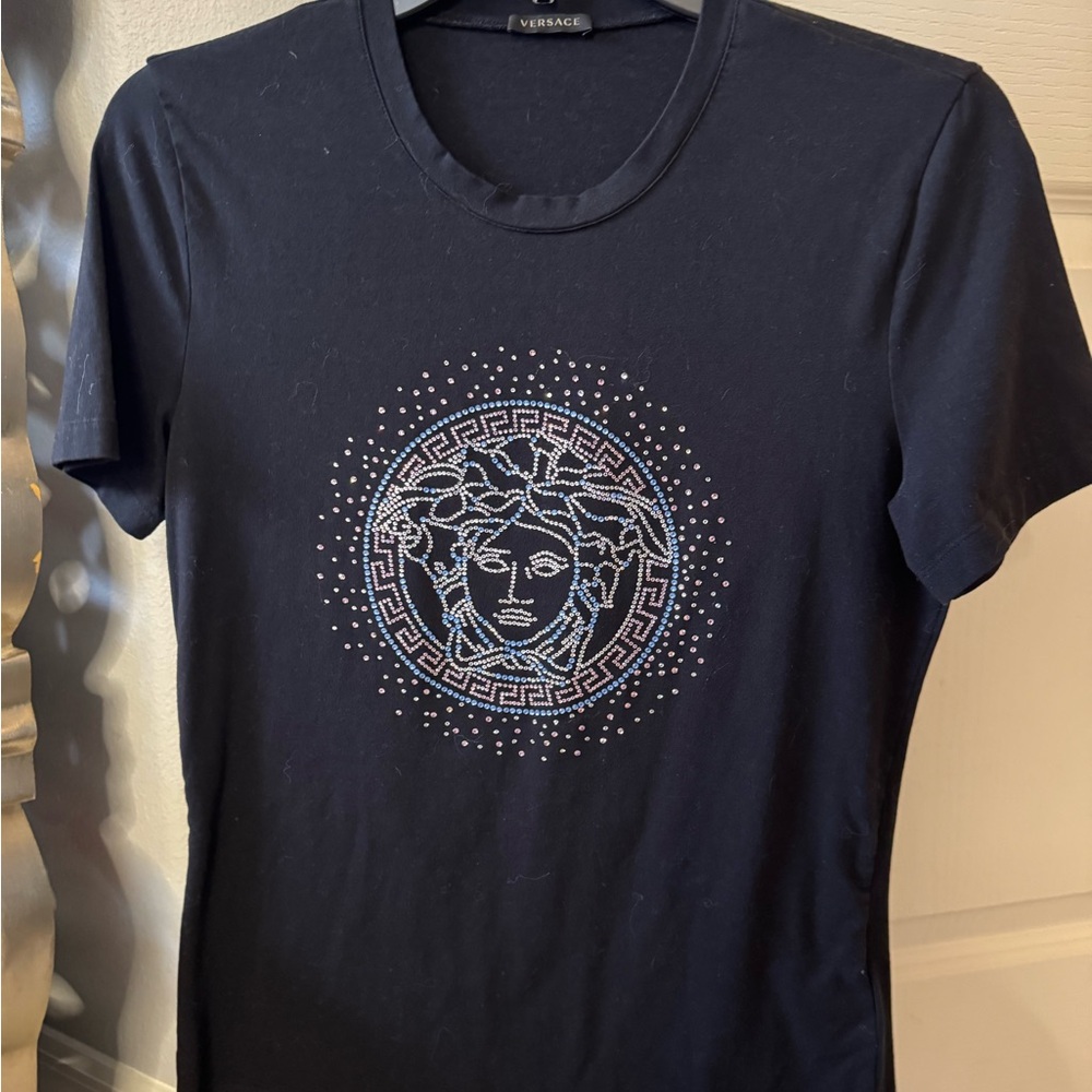 Versace Navy Tee with Medusa Embellishment
